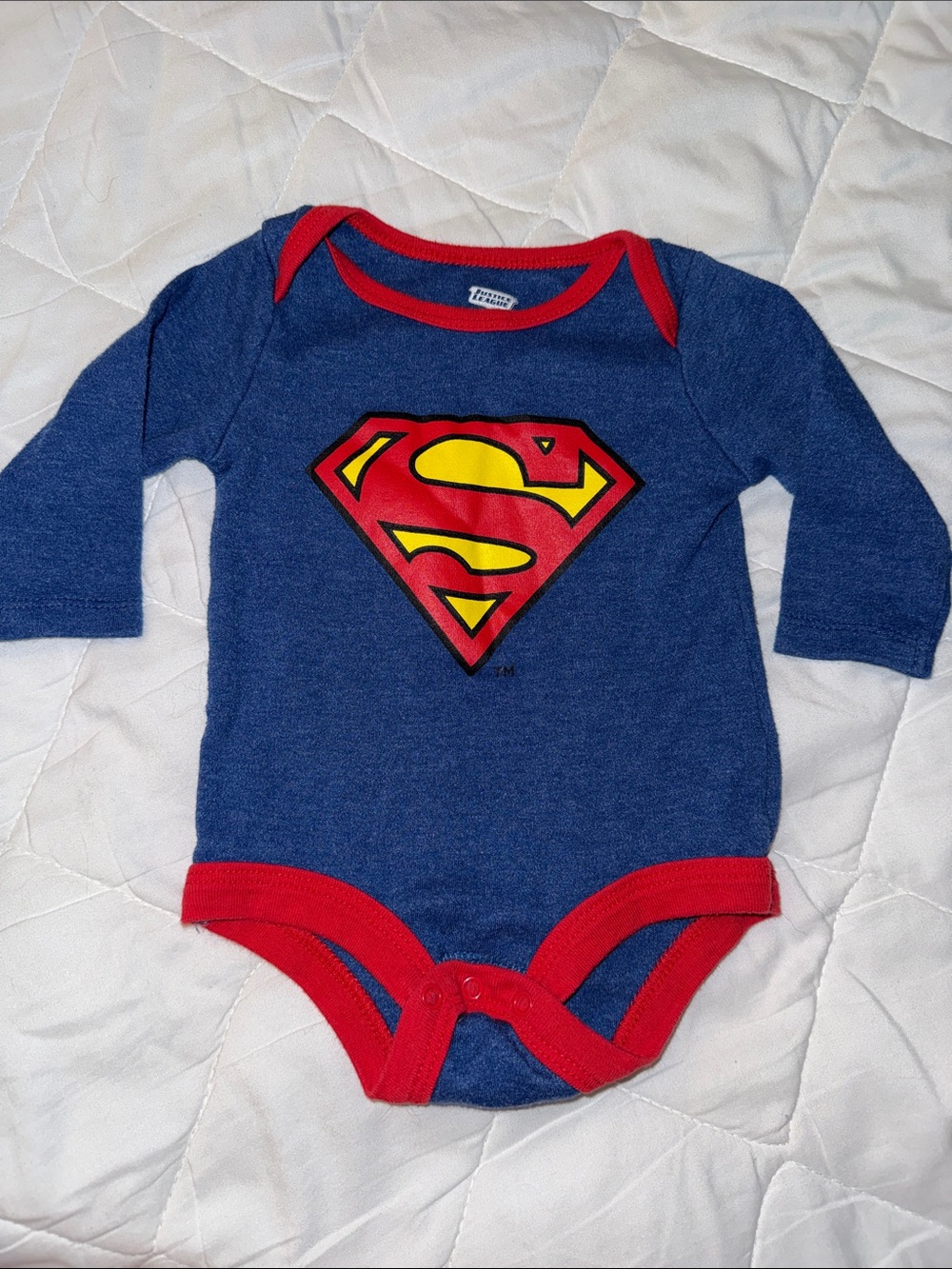 0/3m justice League Superman Blue & Red Long-Sleeve One-Piece Bodysuit like new